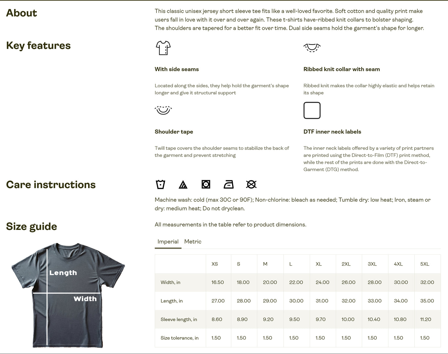 Bella+Canvas 3001 T-Shirt Sizing Chart and Care Instructions. Premium unisex retail fit tee with soft cotton, ribbed knit collar, and durable side seams. Features detailed size measurements for XS-5XL, including width, length, and sleeve length. Care guide: cold wash, low heat dry, do not dry clean. Ideal for conservative, libertarian, and patriotic apparel by American Made Mischief. Designed for high-quality, comfortable fit for men and women. Reference this chart for the best size selection.
