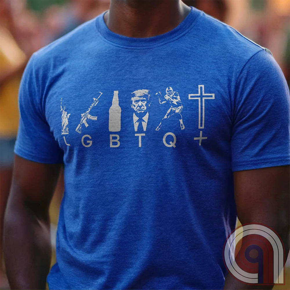 Reclaim the culture with this Liberty, Guns, Beer, Trump, Quarterbacks & Christ—because freedom, faith, firepower, and grit built this country. Featuring an AR-15, football, beer, Lady Liberty and The Cross, this conservative tee is for those who refuse to bow to political correctness. If you believe in the 2nd Amendment, religious freedom, and the right to speak your mind, this is for you. Wear it proudly and remind them: faith, freedom, and firepower are here to stay. Stand tall, stand free. Color: Blue