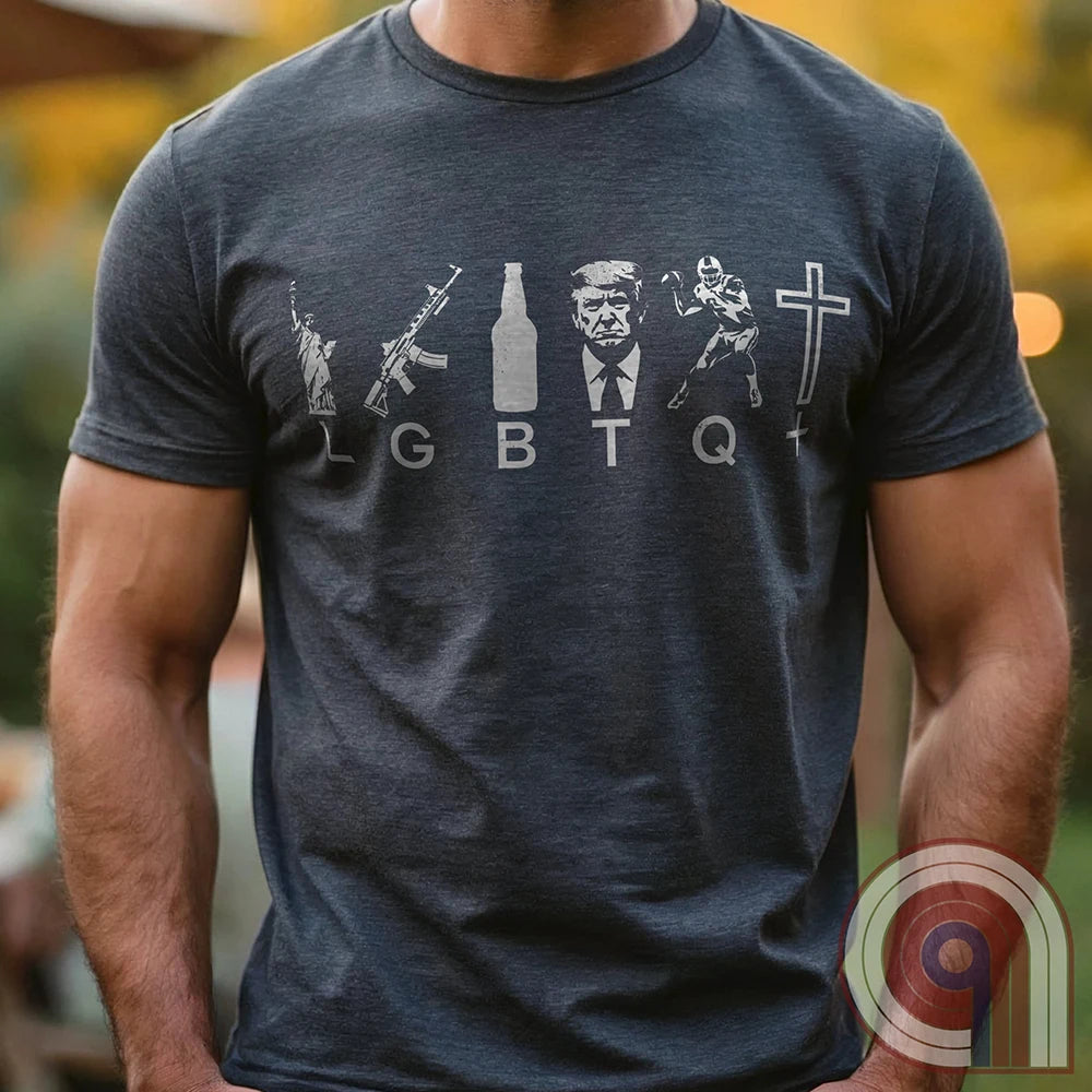 Reclaim the culture with this Liberty, Guns, Beer, Trump, Quarterbacks & Christ—because freedom, faith, firepower, and grit built this country. Featuring an AR-15, football, beer, Lady Liberty and The Cross, this conservative tee is for those who refuse to bow to political correctness. If you believe in the 2nd Amendment, religious freedom, and the right to speak your mind, this is for you. Wear it proudly and remind them: faith, freedom, and firepower are here to stay. Stand tall, stand free. Color: Charc