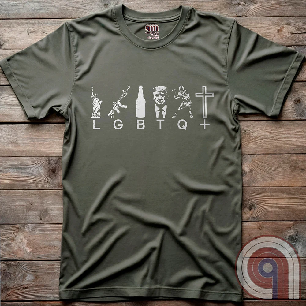 Reclaim the culture with this Liberty, Guns, Beer, Trump, Quarterbacks & Christ—because freedom, faith, firepower, and grit built this country. Featuring an AR-15, football, beer, Lady Liberty and The Cross, this conservative tee is for those who refuse to bow to political correctness. If you believe in the 2nd Amendment, religious freedom, and the right to speak your mind, this is for you. Wear it proudly and remind them: faith, freedom, and firepower are here to stay. Stand tall, stand free. Color: Green