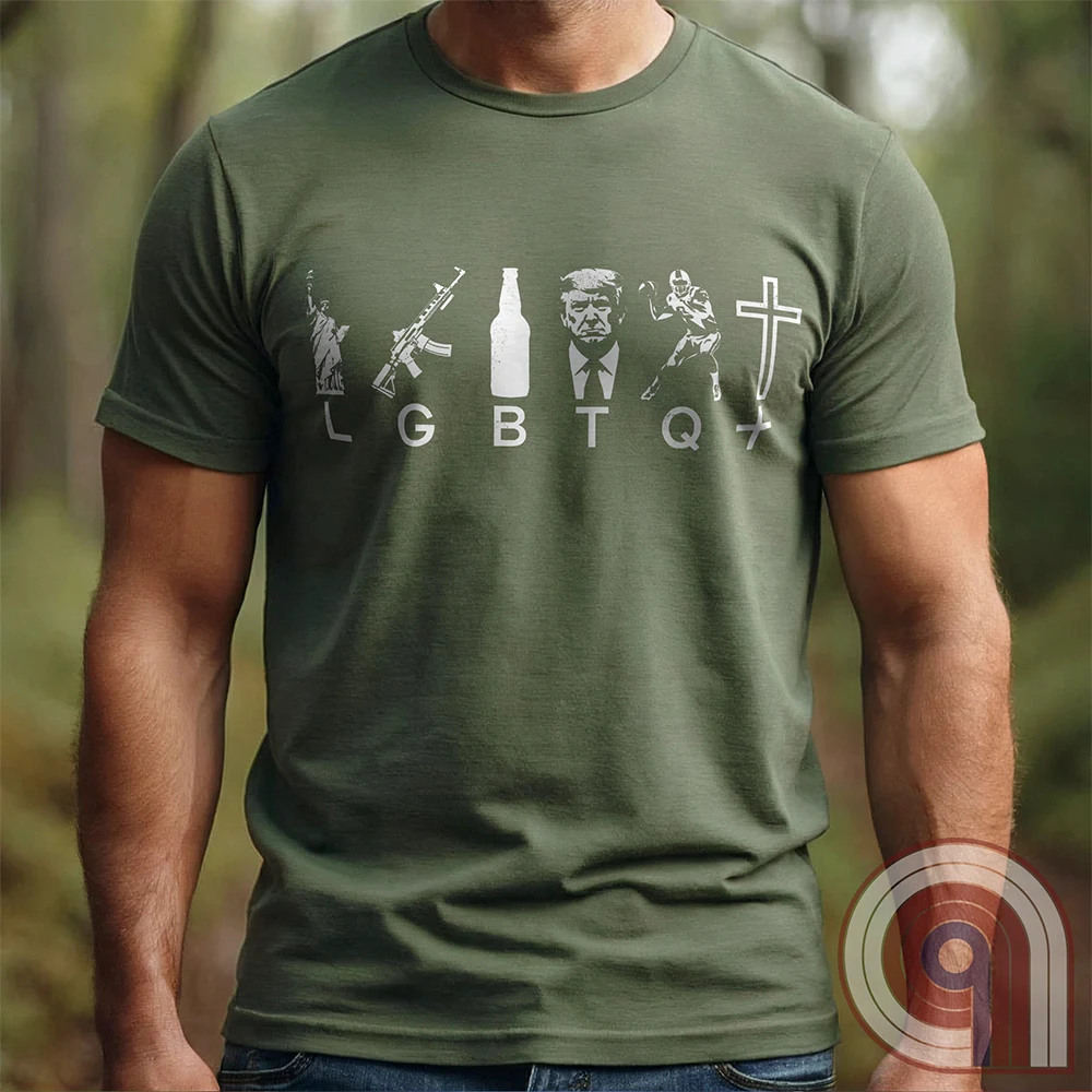 Reclaim the culture with this Liberty, Guns, Beer, Trump, Quarterbacks & Christ—because freedom, faith, firepower, and grit built this country. Featuring an AR-15, football, beer, Lady Liberty and The Cross, this conservative tee is for those who refuse to bow to political correctness. If you believe in the 2nd Amendment, religious freedom, and the right to speak your mind, this is for you. Wear it proudly and remind them: faith, freedom, and firepower are here to stay. Stand tall, stand free. Color: Green