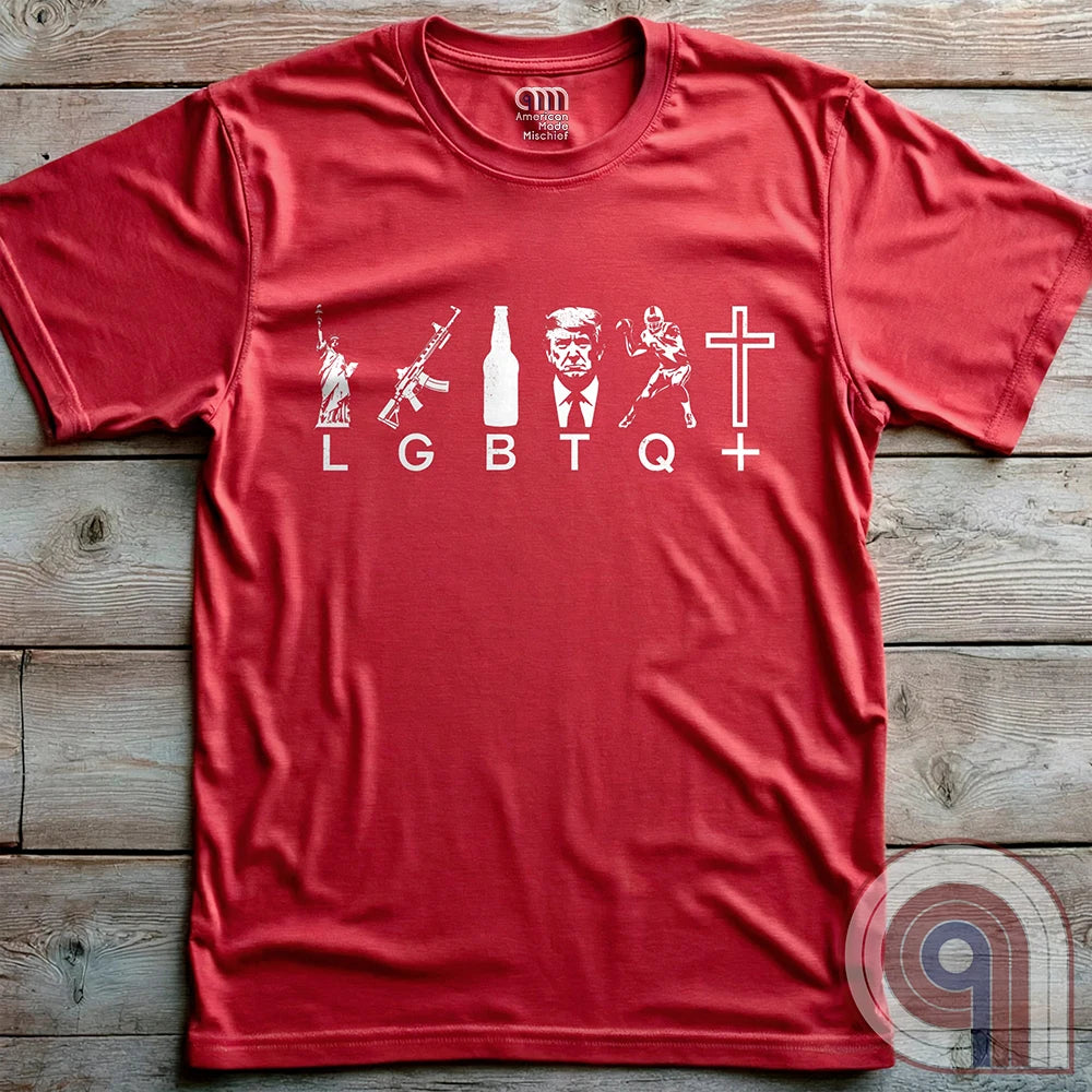 Reclaim the culture with this Liberty, Guns, Beer, Trump, Quarterbacks & Christ—because freedom, faith, firepower, and grit built this country. Featuring an AR-15, football, beer, Lady Liberty and The Cross, this conservative tee is for those who refuse to bow to political correctness. If you believe in the 2nd Amendment, religious freedom, and the right to speak your mind, this is for you. Wear it proudly and remind them: faith, freedom, and firepower are here to stay. Stand tall, stand free. Color: Red
