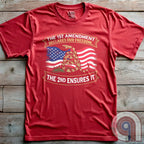 Stand for free speech and gun rights with this bold 1st & 2nd Amendment t-shirt. A distressed American flag with a coiled Gadsden snake, symbolizing freedom and resistance. ‘The 1st Amendment Declares Our Freedom… The 2nd Ensures It’ highlights the vital connection between free speech and the right to bear arms. A powerful design for gun rights advocates, patriots, and defenders of liberty who believe in self-defense, constitutional rights, and protecting American independence from tyranny. Color: Red
