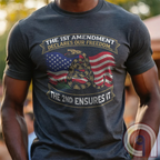 Stand for free speech and gun rights with this bold 1st & 2nd Amendment t-shirt. A distressed American flag with a coiled Gadsden snake, symbolizing freedom and resistance. ‘The 1st Amendment Declares Our Freedom… The 2nd Ensures It’ highlights the vital connection between free speech and the right to bear arms. A powerful design for gun rights advocates, patriots, and defenders of liberty who believe in self-defense, constitutional rights, and protecting American independence from tyranny. Color: Charc