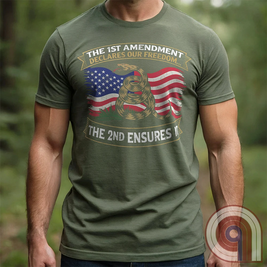 Stand for free speech and gun rights with this bold 1st & 2nd Amendment t-shirt. A distressed American flag with a coiled Gadsden snake, symbolizing freedom and resistance. ‘The 1st Amendment Declares Our Freedom… The 2nd Ensures It’ highlights the vital connection between free speech and the right to bear arms. A powerful design for gun rights advocates, patriots, and defenders of liberty who believe in self-defense, constitutional rights, and protecting American independence from tyranny. Color: Green