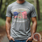 Stand for free speech and gun rights with this bold 1st & 2nd Amendment t-shirt. A distressed American flag with a coiled Gadsden snake, symbolizing freedom and resistance. ‘The 1st Amendment Declares Our Freedom… The 2nd Ensures It’ highlights the vital connection between free speech and the right to bear arms. A powerful design for gun rights advocates, patriots, and defenders of liberty who believe in self-defense, constitutional rights, and protecting American independence from tyranny. Color: Grey