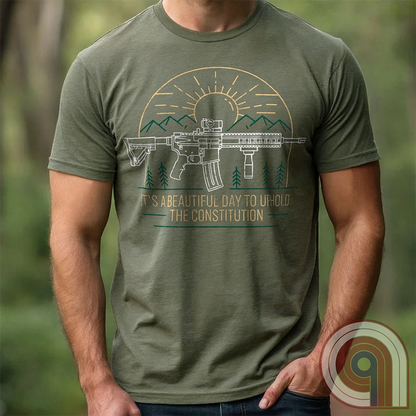 America was forged by the armed & unafraid. This ‘It’s a Beautiful Day to Uphold the Constitution’ t-shirt fuses the love of firearms with the untamed American spirit. Featuring an AR-15 set against rugged mountains and a blazing sunrise, this design screams independence, defiance, & unbreakable resolve. Whether you’re a hunter, soldier, or just a patriot who will not comply, this 2A shirt is a warning to tyrants: We don’t retreat. We reload. Wear it proudly and show that America will never bow; Color-Green