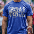 High contrast scarred leopard face predator t-shirt with a battle-worn expression and commanding presence - "act like you've been here before and like you're coming back". Dominance, confidence, courage, and relentless grit, emphasizing an alpha mindset, resilience, discipline, strength, leadership, mental toughness, independence, authority, focus, warrior spirit, primal instinct, perseverance, and fearless attitude tee for those who lead, embrace challenge, endure pressure, and refuse weakness.
Blue