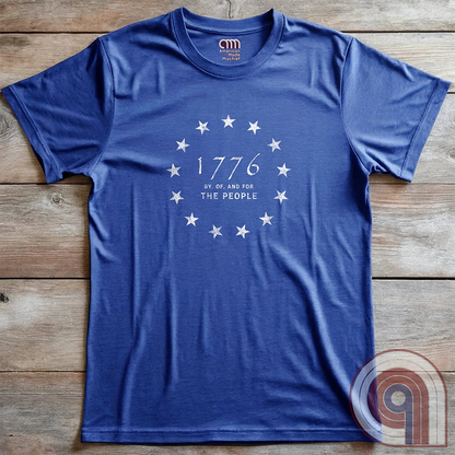 Embrace the revolutionary spirit with this 1776 patriotic t-shirt featuring the 13 stars of the Grand Union Flag, symbolizing the original American colonies & the fight for liberty. This Tee is a tribute to the Founding Fathers & their bold declaration of independence, standing against tyranny & forging a nation built on freedom. Perfect for patriots, history lovers, & defenders of American values, this shirt is a statement of unwavering commitment to liberty, self-rule, & constitutional rights. Color-Blue