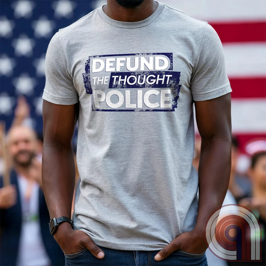 Reject censorship and stand up for free speech with this Defund the Thought Police tee inspired by Orwell’s 1984. A bold statement against authoritarian control, cancel culture, & media manipulation, this freedom of speech apparel is perfect for patriots, independent thinkers, & 1A advocates. Whether you oppose Big Brother, thought crimes, or government overreach, this anti-authoritarian apparel lets you wear your defiance proudly. A conservative shirt that defends liberty and free expression. Color: Ash