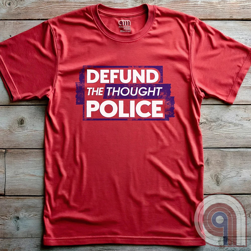 Reject censorship and stand up for free speech with this Defund the Thought Police tee inspired by Orwell’s 1984. A bold statement against authoritarian control, cancel culture, & media manipulation, this freedom of speech apparel is perfect for patriots, independent thinkers, & 1A advocates. Whether you oppose Big Brother, thought crimes, or government overreach, this anti-authoritarian apparel lets you wear your defiance proudly. A conservative shirt that defends liberty and free expression. Color: Red