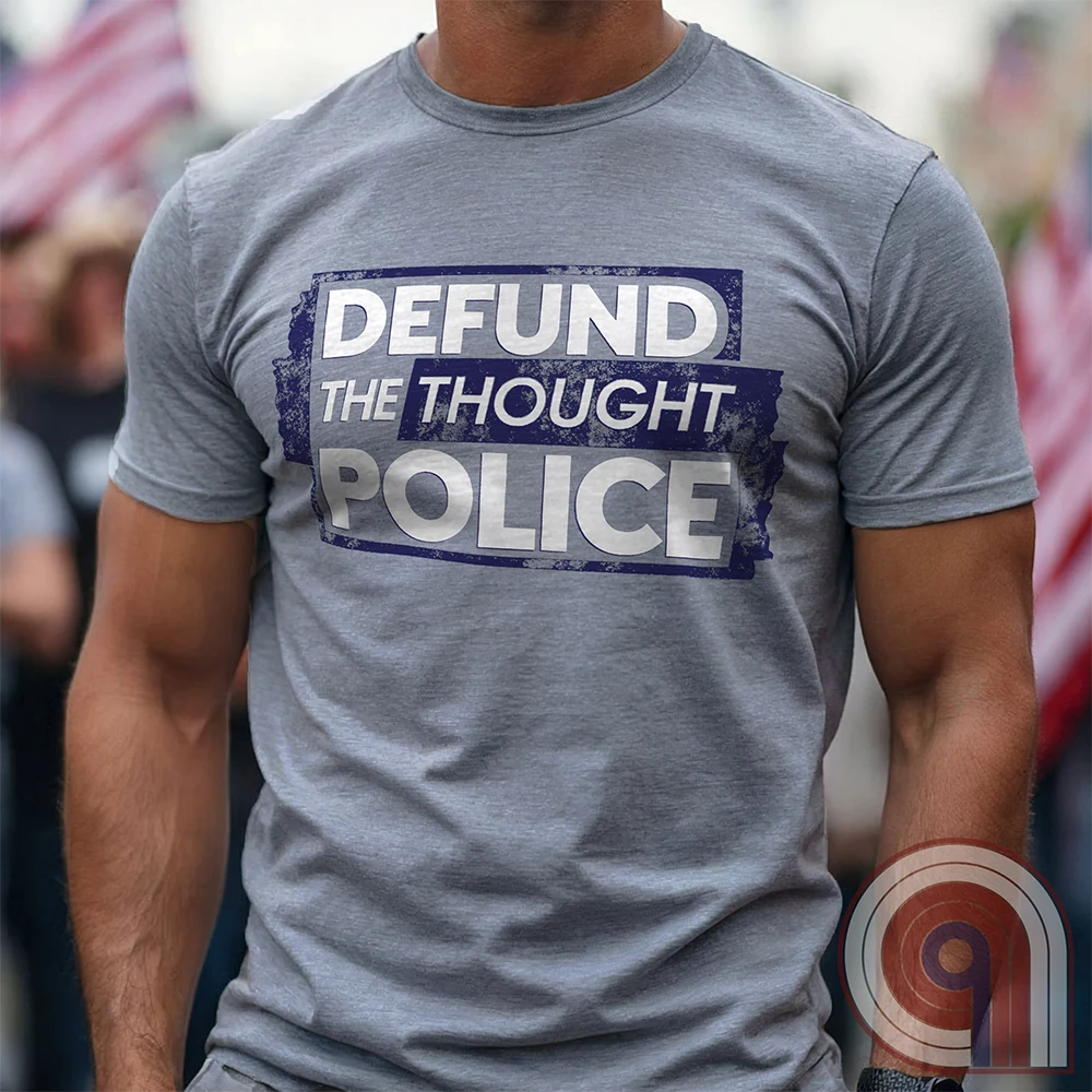 Reject censorship and stand up for free speech with this Defund the Thought Police tee inspired by Orwell’s 1984. A bold statement against authoritarian control, cancel culture, & media manipulation, this freedom of speech apparel is perfect for patriots, independent thinkers, & 1A advocates. Whether you oppose Big Brother, thought crimes, or government overreach, this anti-authoritarian apparel lets you wear your defiance proudly. A conservative shirt that defends liberty and free expression. Color: Grey