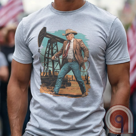 Drill baby drill! This bold Trump cowboy t-shirt captures the spirit of American energy independence with a rugged, Western-style design featuring Donald Trump as a Texas oilman in cowboy boots and hat, he stands tall in front of an oil rig, ready to unleash America’s untapped potential. A nod to capitalism, prosperity, & breaking free from foreign energy dependence, this fun patriotic tee is perfect for oil workers, entrepreneurs, & anyone who believes in unleashing the USA’s natural resources. Color-Ash1