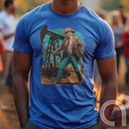 Drill baby drill! This bold Trump cowboy t-shirt captures the spirit of American energy independence with a rugged, Western-style design featuring Donald Trump as a Texas oilman in cowboy boots and hat, he stands tall in front of an oil rig, ready to unleash America’s untapped potential. A nod to capitalism, prosperity, & breaking free from foreign energy dependence, this fun patriotic tee is perfect for oil workers, entrepreneurs, & anyone who believes in unleashing the USA’s natural resources. Color-Blue1