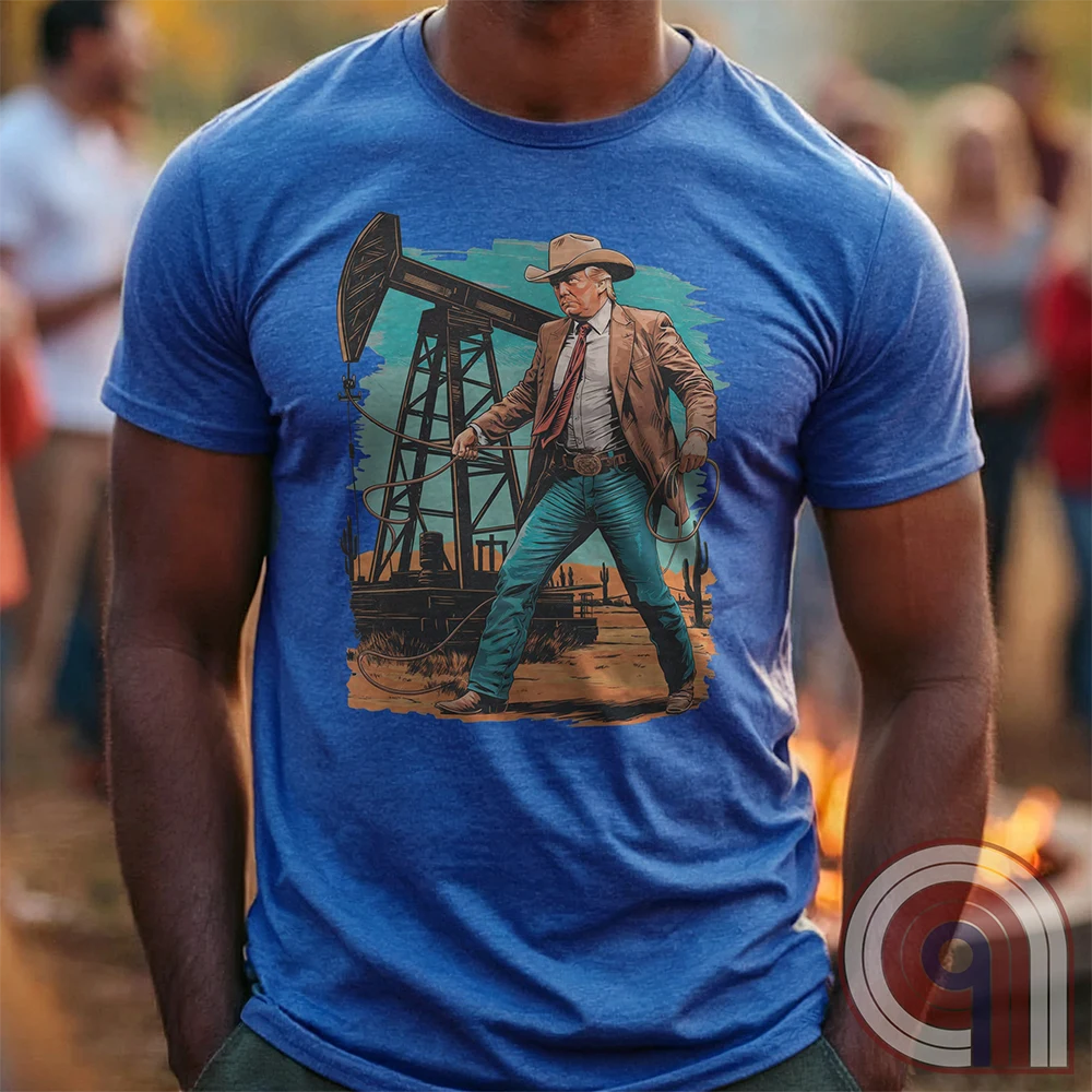 Drill baby drill! This bold Trump cowboy t-shirt captures the spirit of American energy independence with a rugged, Western-style design featuring Donald Trump as a Texas oilman in cowboy boots and hat, he stands tall in front of an oil rig, ready to unleash America’s untapped potential. A nod to capitalism, prosperity, & breaking free from foreign energy dependence, this fun patriotic tee is perfect for oil workers, entrepreneurs, & anyone who believes in unleashing the USA’s natural resources. Color-Blue1