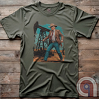 Drill baby drill! This bold Trump cowboy t-shirt captures the spirit of American energy independence with a rugged, Western-style design featuring Donald Trump as a Texas oilman in cowboy boots and hat, he stands tall in front of an oil rig, ready to unleash America’s untapped potential. A nod to capitalism, prosperity, & breaking free from foreign energy dependence, this fun patriotic tee is perfect for oil workers, entrepreneurs, & anyone who believes in unleashing the USA’s natural resources. Color-Green