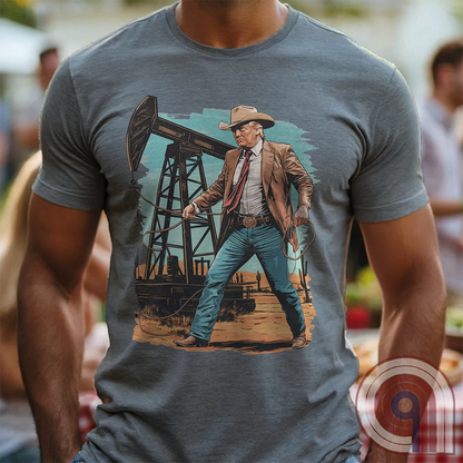 Drill baby drill! This bold Trump cowboy t-shirt captures the spirit of American energy independence with a rugged, Western-style design featuring Donald Trump as a Texas oilman in cowboy boots and hat, he stands tall in front of an oil rig, ready to unleash America’s untapped potential. A nod to capitalism, prosperity, & breaking free from foreign energy dependence, this fun patriotic tee is perfect for oil workers, entrepreneurs, & anyone who believes in unleashing the USA’s natural resources. Color-Grey1