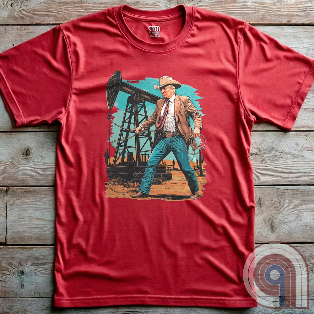 Drill baby drill! This bold Trump cowboy t-shirt captures the spirit of American energy independence with a rugged, Western-style design featuring Donald Trump as a Texas oilman in cowboy boots and hat, he stands tall in front of an oil rig, ready to unleash America’s untapped potential. A nod to capitalism, prosperity, & breaking free from foreign energy dependence, this fun patriotic tee is perfect for oil workers, entrepreneurs, & anyone who believes in unleashing the USA’s natural resources. Color-Red2