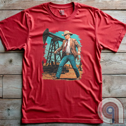 Drill baby drill! This bold Trump cowboy t-shirt captures the spirit of American energy independence with a rugged, Western-style design featuring Donald Trump as a Texas oilman in cowboy boots and hat, he stands tall in front of an oil rig, ready to unleash America’s untapped potential. A nod to capitalism, prosperity, & breaking free from foreign energy dependence, this fun patriotic tee is perfect for oil workers, entrepreneurs, & anyone who believes in unleashing the USA’s natural resources. Color-Red2