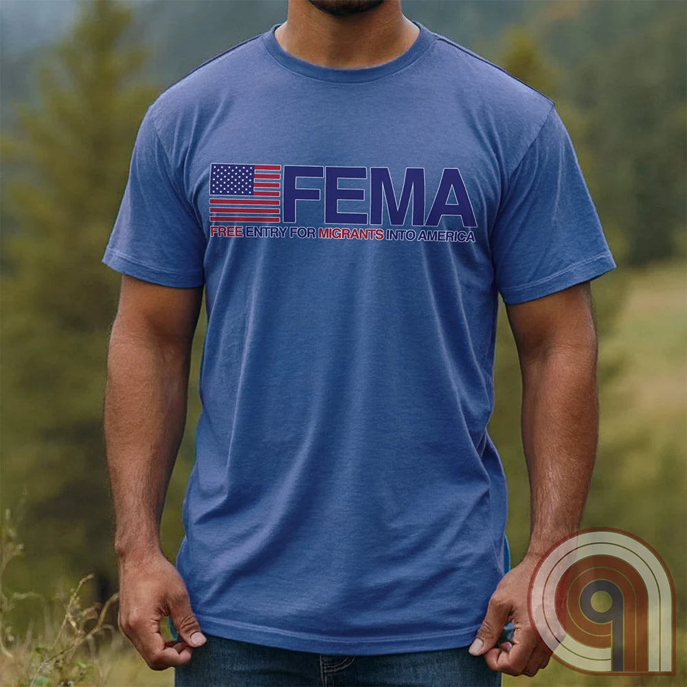 Funny American conservative t shirt highlighting corruption, fraud and the failure of FEMA and the spending of all its resources moving illegal migrants into swing states.
FJB shirt, migrant crisis, illegal immigration shirt; hurricane Helene; Asheville; Western North Carolina; North Carolina Flood; Helene Flood; FEMA T shirt; FEMA tee; funny political tee; humorous tee; funny t shirt; Government corruption shirt; America First shirt - Blue
