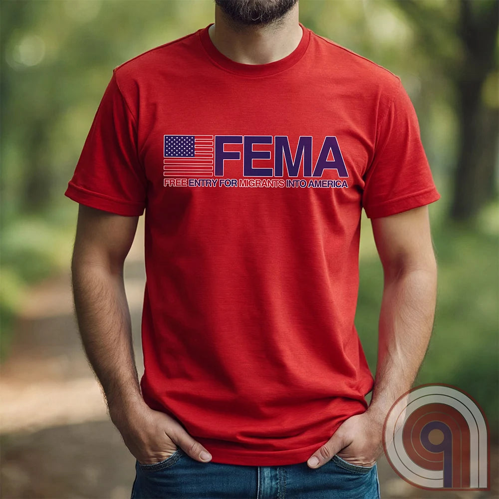 Funny American conservative t shirt highlighting corruption, fraud and the failure of FEMA and the spending of all its resources moving illegal migrants into swing states.
FJB shirt, migrant crisis, illegal immigration shirt; hurricane Helene; Asheville; Western North Carolina; North Carolina Flood; Helene Flood; FEMA T shirt; FEMA tee; funny political tee; humorous tee; funny t shirt; Government corruption shirt; America First shirt - Red