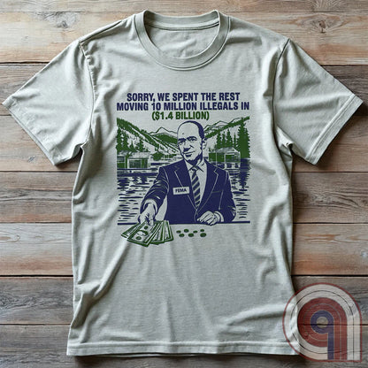 Humorous American conservative t shirt highlighting corruption and the failure of FEMA and the spending of all its resources moving illegal migrants into swing states - FJB shirt; migrant crisis; illegal immigration shirt; hurricane Helene; Asheville; Western North Carolina; North Carolina Flood; Helene Flood; FEMA T shirt; FEMA tee; funny political tee; humorous tee; funny t shirt - Ash
