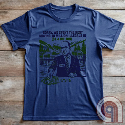 Humorous American conservative t shirt highlighting corruption and the failure of FEMA and the spending of all its resources moving illegal migrants into swing states - FJB shirt; migrant crisis; illegal immigration shirt; hurricane Helene; Asheville; Western North Carolina; North Carolina Flood; Helene Flood; FEMA T shirt; FEMA tee; funny political tee; humorous tee; funny t shirt - Blue