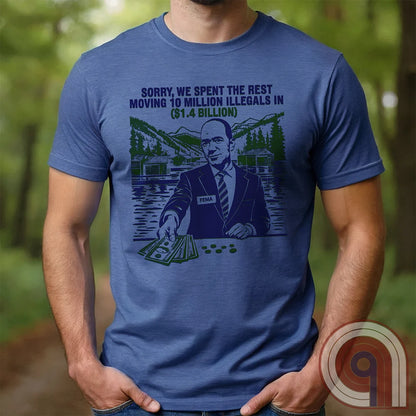 Humorous American conservative t shirt highlighting corruption and the failure of FEMA and the spending of all its resources moving illegal migrants into swing states - FJB shirt; migrant crisis; illegal immigration shirt; hurricane Helene; Asheville; Western North Carolina; North Carolina Flood; Helene Flood; FEMA T shirt; FEMA tee; funny political tee; humorous tee; funny t shirt - Blue