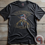 Show your commitment to the 1st & 2nd Amendments with this bold patriotic t-shirt. A fun 1A & 2A Tee featuring a red, white, & blue rattlesnake coiled around crossed rifles, this design represents free speech, gun rights, & resistance to tyranny. Perfect for Second Amendment supporters, constitutional patriots, & defenders of liberty. Whether you're standing against censorship or advocating for self-defense, this statement honors America’s founding principles and those who fight to protect them. Color:Charc