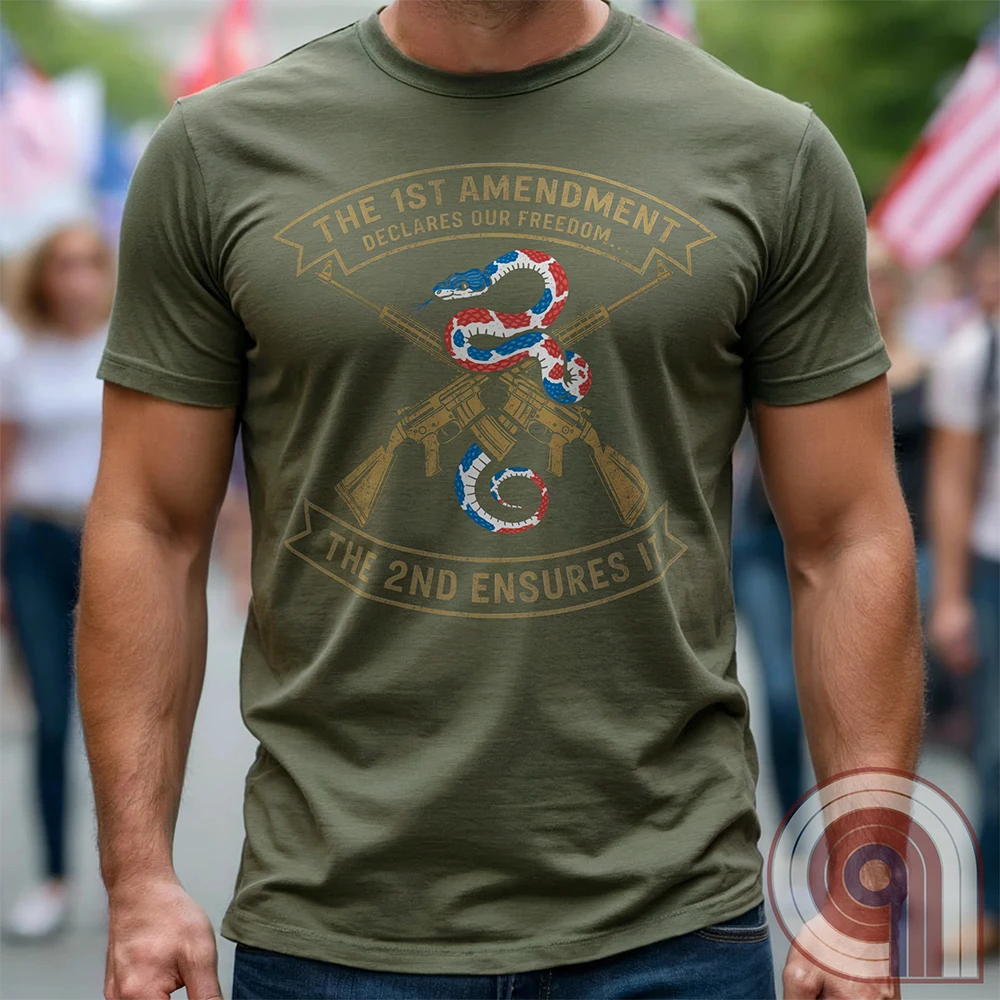 Show your commitment to the 1st & 2nd Amendments with this bold patriotic t-shirt. A fun 1A & 2A Tee featuring a red, white, & blue rattlesnake coiled around crossed rifles, this design represents free speech, gun rights, & resistance to tyranny. Perfect for Second Amendment supporters, constitutional patriots, & defenders of liberty. Whether you're standing against censorship or advocating for self-defense, this statement honors America’s founding principles and those who fight to protect them. Color:Green