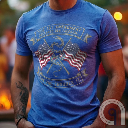 Declare your commitment to freedom & constitutional rights with this bold 1st & 2nd Amendment t-shirt. Featuring a Gadsden snake wrapped around crossed rifles with American flags symbolizing the fight for free speech & the right to bear arms. For Second Amendment supporters, liberty lovers, & patriots who stand against tyranny, censorship, & government overreach. Show your support for self-defense, independence, & American values with this powerful statement of resistance & American pride. Color: Blue