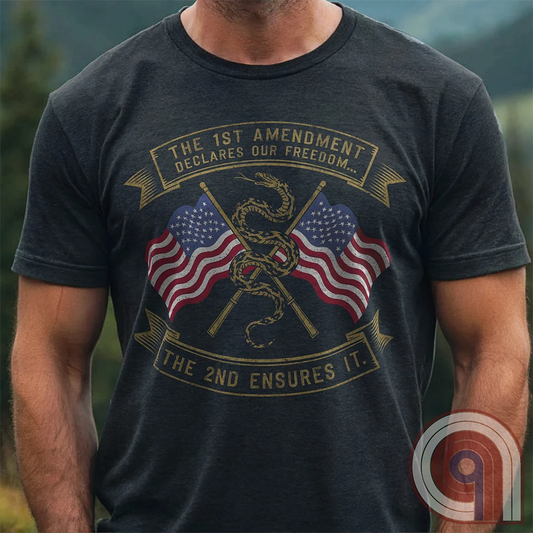 Declare your commitment to freedom & constitutional rights with this bold 1st & 2nd Amendment t-shirt. Featuring a Gadsden snake wrapped around crossed rifles with American flags symbolizing the fight for free speech & the right to bear arms. For Second Amendment supporters, liberty lovers, & patriots who stand against tyranny, censorship, & government overreach. Show your support for self-defense, independence, & American values with this powerful statement of resistance & American pride. Color: Charc