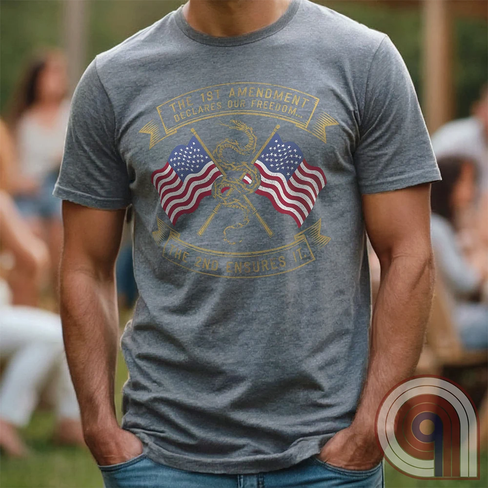 Declare your commitment to freedom & constitutional rights with this bold 1st & 2nd Amendment t-shirt. Featuring a Gadsden snake wrapped around crossed rifles with American flags symbolizing the fight for free speech & the right to bear arms. For Second Amendment supporters, liberty lovers, & patriots who stand against tyranny, censorship, & government overreach. Show your support for self-defense, independence, & American values with this powerful statement of resistance & American pride. Color: Grey