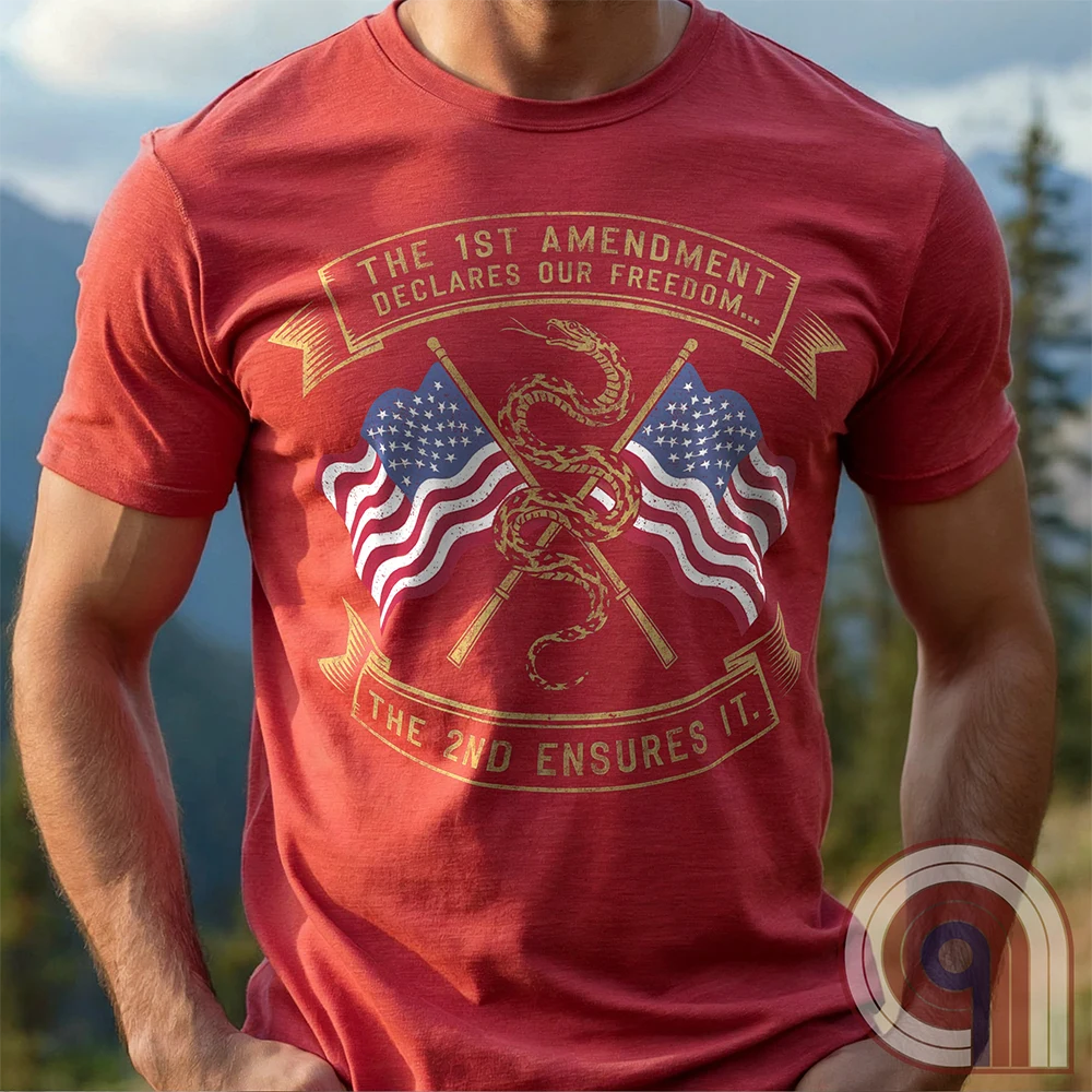 Declare your commitment to freedom & constitutional rights with this bold 1st & 2nd Amendment t-shirt. Featuring a Gadsden snake wrapped around crossed rifles with American flags symbolizing the fight for free speech & the right to bear arms. For Second Amendment supporters, liberty lovers, & patriots who stand against tyranny, censorship, & government overreach. Show your support for self-defense, independence, & American values with this powerful statement of resistance & American pride. Color: Red