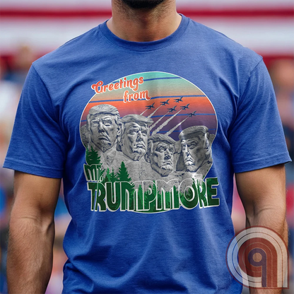 Celebrate American greatness with the "Greetings from Mt. Trumpmore" T-shirt, a bold patriotic parody of Mount Rushmore featuring Donald Trump’s face carved in stone. A retro-style souvenir tee perfect for MAGA supporters, conservatives, & those who see Trump as one of America’s greatest presidents. With vintage postcard aesthetics, fighter jets soaring in the sunset, & a nod to national pride, this Trump tribute shirt is a must-have for patriots who refuse to apologize for loving the USA. Color - Blue1