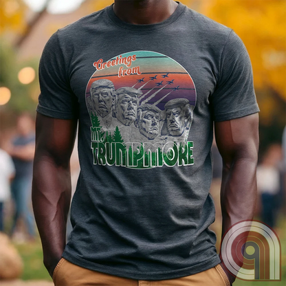 Celebrate American greatness with the "Greetings from Mt. Trumpmore" T-shirt, a bold patriotic parody of Mount Rushmore featuring Donald Trump’s face carved in stone. A retro-style souvenir tee perfect for MAGA supporters, conservatives, & those who see Trump as one of America’s greatest presidents. With vintage postcard aesthetics, fighter jets soaring in the sunset, & a nod to national pride, this Trump tribute shirt is a must-have for patriots who refuse to apologize for loving the USA. Color - Charc1