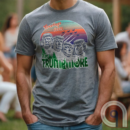 Celebrate American greatness with the "Greetings from Mt. Trumpmore" T-shirt, a bold patriotic parody of Mount Rushmore featuring Donald Trump’s face carved in stone. A retro-style souvenir tee perfect for MAGA supporters, conservatives, & those who see Trump as one of America’s greatest presidents. With vintage postcard aesthetics, fighter jets soaring in the sunset, & a nod to national pride, this Trump tribute shirt is a must-have for patriots who refuse to apologize for loving the USA. Color - Grey1
