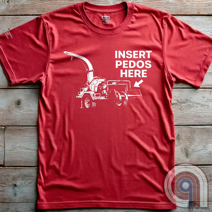 The modern-day justice system is slow, and often ineffective. It’s bureaucratic, it’s political, it’s complicated, and frequently incomplete. The practical imagination naturally wanders toward simpler, more decisive permanent outcomes. This dark humor satire tee celebrates frontier justice, where predators never get the chance to reoffend and the innocent don't live in fear. Hardcore graphic apparel for fans of edgy comedy, rebellious humor, and bold statement tees that refuse to apologize. Red on wood