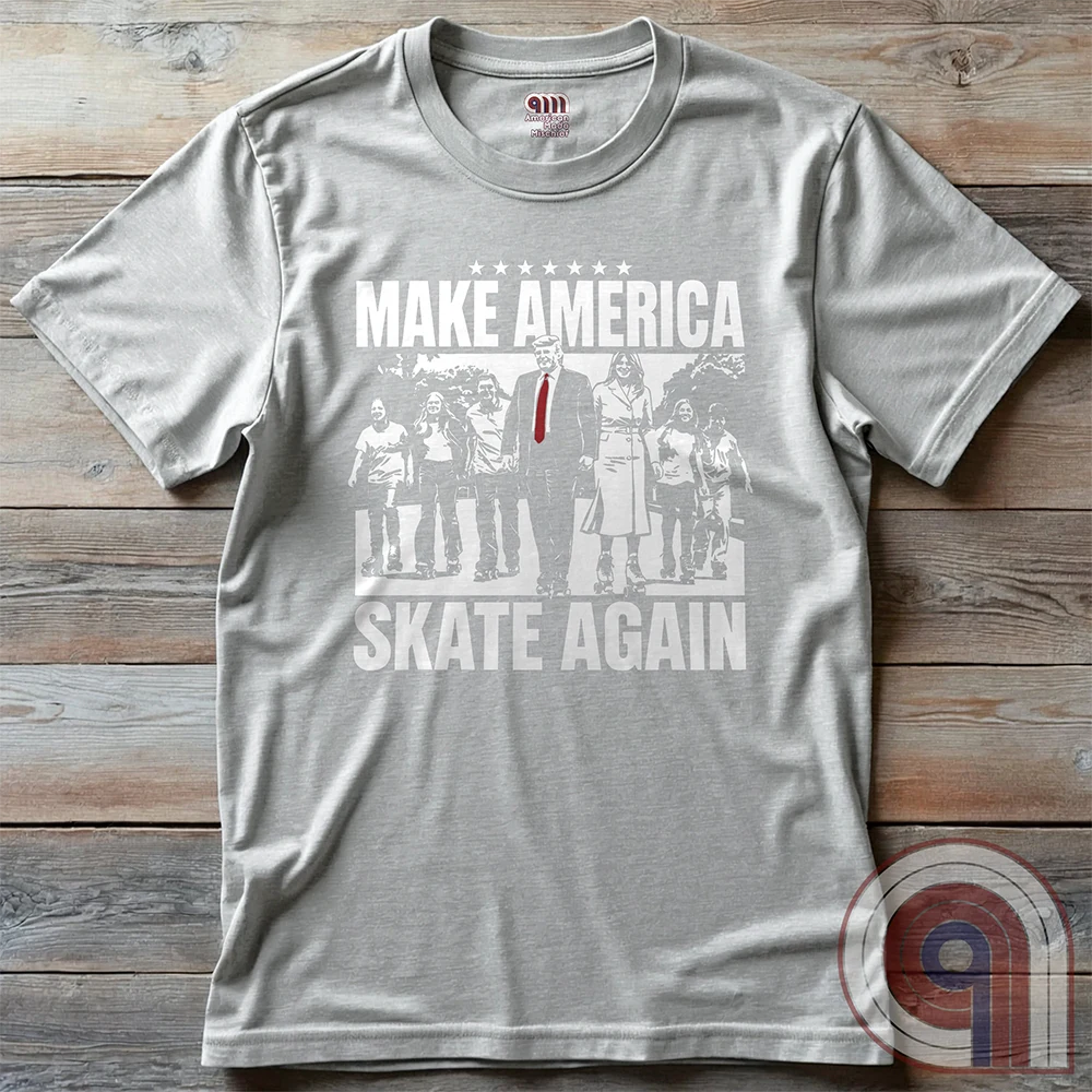 Roll into nostalgia with the Make America Skate Again tee featuring Donald Trump and family hitting the pavement in retro roller-skating style. A throwback to simpler times, this vintage-inspired design blends patriotism with 80s Americana fun. Whether you’re a MAGA supporter, a fan of classic roller rinks, or just love a lighthearted conservative tee, this shirt is for you. Lace up, take a spin, and remind everyone that America rolls best with freedom, family, and a little old-school fun! Color-Ash2