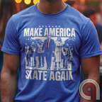 Roll into nostalgia with the Make America Skate Again tee featuring Donald Trump and family hitting the pavement in retro roller-skating style. A throwback to simpler times, this vintage-inspired design blends patriotism with 80s Americana fun. Whether you’re a MAGA supporter, a fan of classic roller rinks, or just love a lighthearted conservative tee, this shirt is for you. Lace up, take a spin, and remind everyone that America rolls best with freedom, family, and a little old-school fun! Color- Blue1
