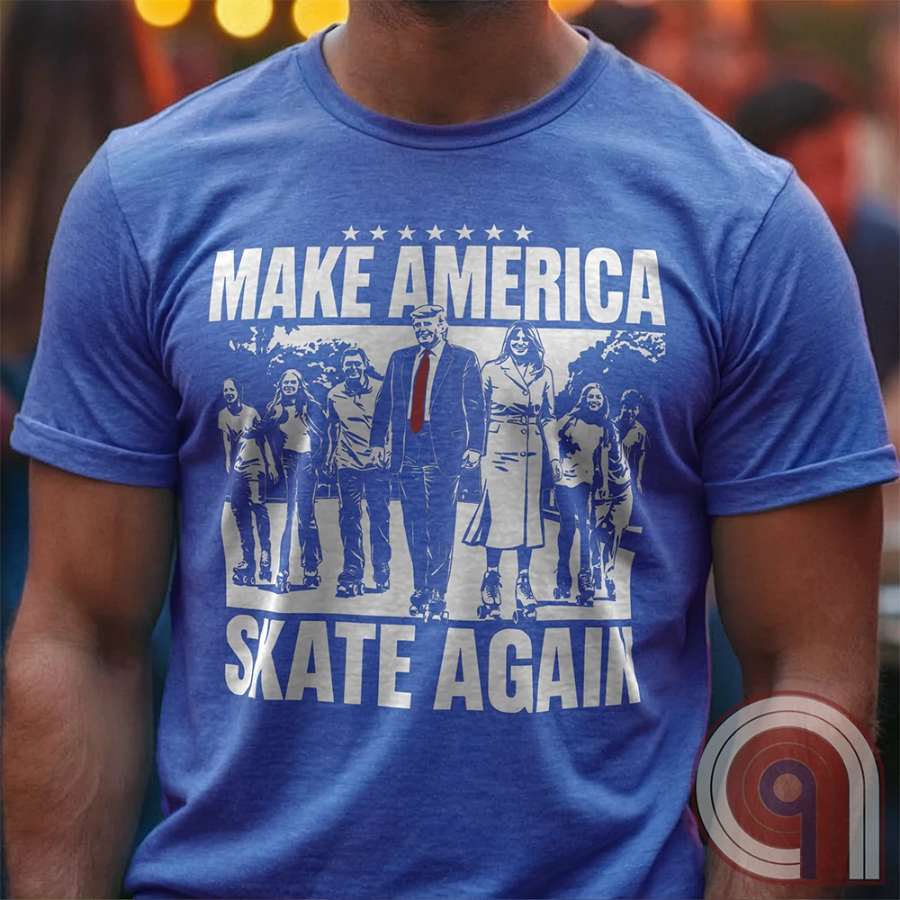 Roll into nostalgia with the Make America Skate Again tee featuring Donald Trump and family hitting the pavement in retro roller-skating style. A throwback to simpler times, this vintage-inspired design blends patriotism with 80s Americana fun. Whether you’re a MAGA supporter, a fan of classic roller rinks, or just love a lighthearted conservative tee, this shirt is for you. Lace up, take a spin, and remind everyone that America rolls best with freedom, family, and a little old-school fun! Color- Blue1