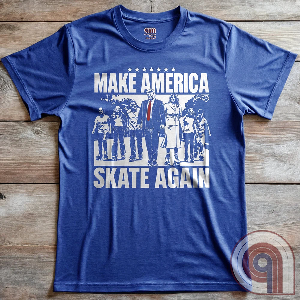Roll into nostalgia with the Make America Skate Again tee featuring Donald Trump and family hitting the pavement in retro roller-skating style. A throwback to simpler times, this vintage-inspired design blends patriotism with 80s Americana fun. Whether you’re a MAGA supporter, a fan of classic roller rinks, or just love a lighthearted conservative tee, this shirt is for you. Lace up, take a spin, and remind everyone that America rolls best with freedom, family, and a little old-school fun! Color- Blue2