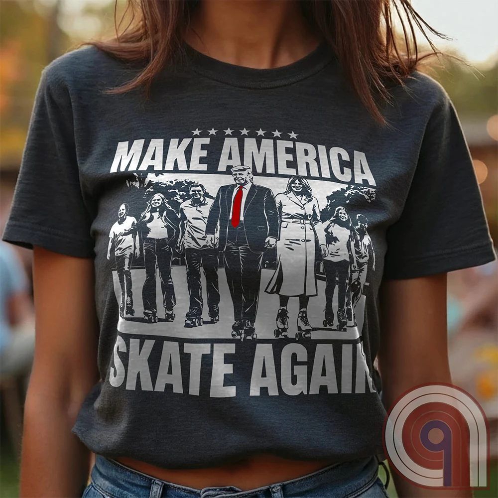 Roll into nostalgia with the Make America Skate Again tee featuring Donald Trump and family hitting the pavement in retro roller-skating style. A throwback to simpler times, this vintage-inspired design blends patriotism with 80s Americana fun. Whether you’re a MAGA supporter, a fan of classic roller rinks, or just love a lighthearted conservative tee, this shirt is for you. Lace up, take a spin, and remind everyone that America rolls best with freedom, family, and a little old-school fun! Color- Charc1