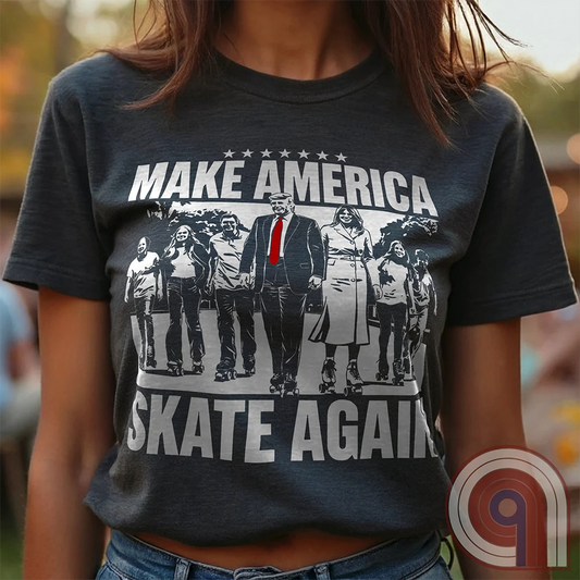 Roll into nostalgia with the Make America Skate Again tee featuring Donald Trump and family hitting the pavement in retro roller-skating style. A throwback to simpler times, this vintage-inspired design blends patriotism with 80s Americana fun. Whether you’re a MAGA supporter, a fan of classic roller rinks, or just love a lighthearted conservative tee, this shirt is for you. Lace up, take a spin, and remind everyone that America rolls best with freedom, family, and a little old-school fun! Color- Charc1
