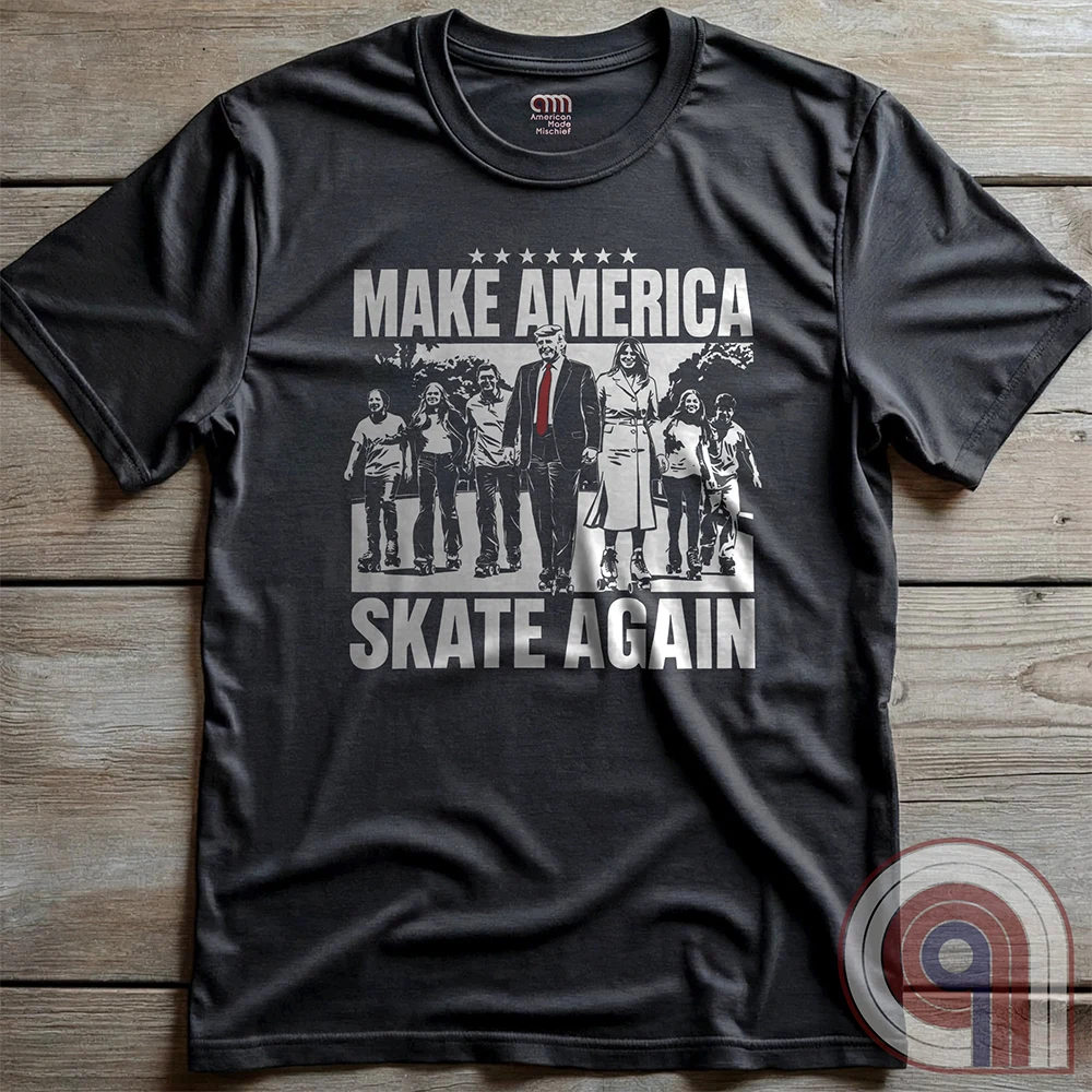 Roll into nostalgia with the Make America Skate Again tee featuring Donald Trump and family hitting the pavement in retro roller-skating style. A throwback to simpler times, this vintage-inspired design blends patriotism with 80s Americana fun. Whether you’re a MAGA supporter, a fan of classic roller rinks, or just love a lighthearted conservative tee, this shirt is for you. Lace up, take a spin, and remind everyone that America rolls best with freedom, family, and a little old-school fun! Color-Charc2