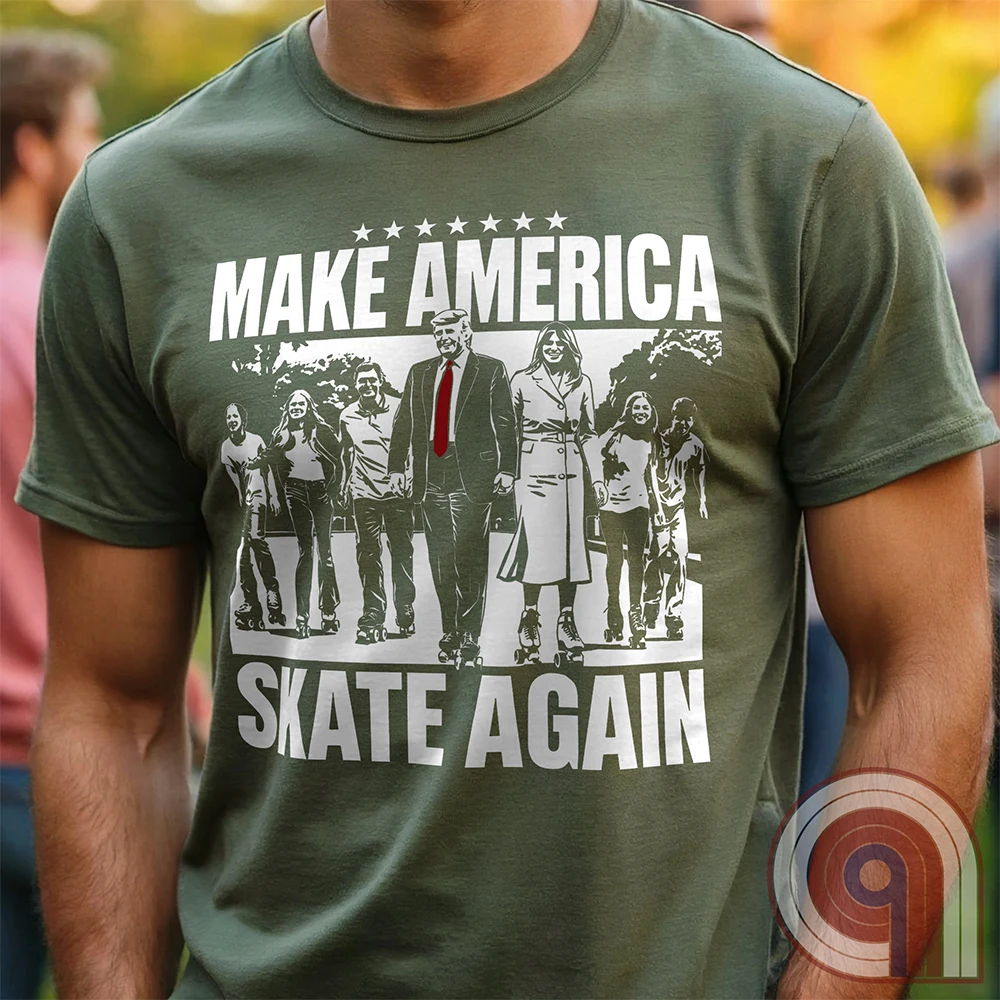 Roll into nostalgia with the Make America Skate Again tee featuring Donald Trump and family hitting the pavement in retro roller-skating style. A throwback to simpler times, this vintage-inspired design blends patriotism with 80s Americana fun. Whether you’re a MAGA supporter, a fan of classic roller rinks, or just love a lighthearted conservative tee, this shirt is for you. Lace up, take a spin, and remind everyone that America rolls best with freedom, family, and a little old-school fun! Color- Green1