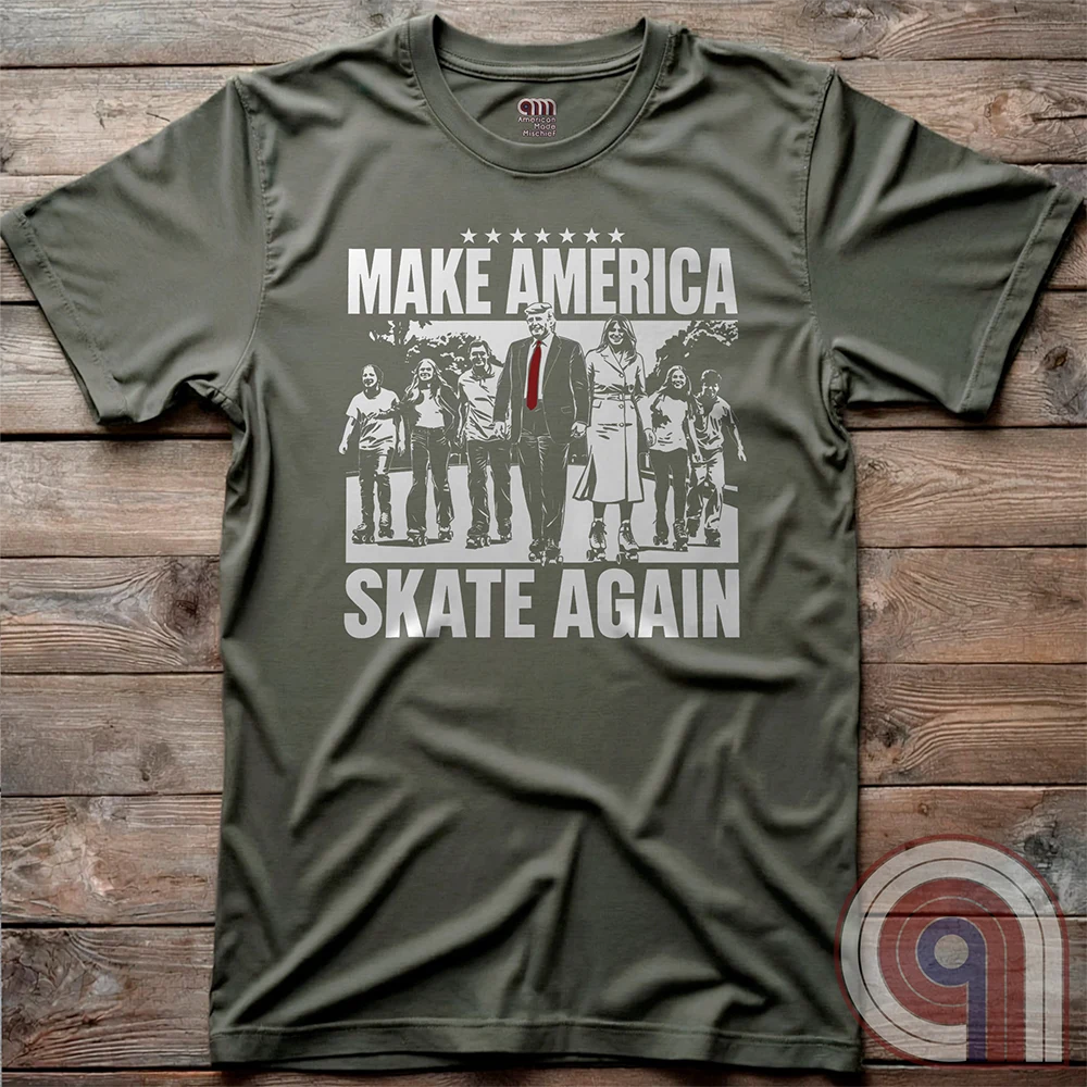 Roll into nostalgia with the Make America Skate Again tee featuring Donald Trump and family hitting the pavement in retro roller-skating style. A throwback to simpler times, this vintage-inspired design blends patriotism with 80s Americana fun. Whether you’re a MAGA supporter, a fan of classic roller rinks, or just love a lighthearted conservative tee, this shirt is for you. Lace up, take a spin, and remind everyone that America rolls best with freedom, family, and a little old-school fun! Color- Green2