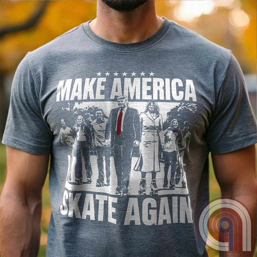 Roll into nostalgia with the Make America Skate Again tee featuring Donald Trump and family hitting the pavement in retro roller-skating style. A throwback to simpler times, this vintage-inspired design blends patriotism with 80s Americana fun. Whether you’re a MAGA supporter, a fan of classic roller rinks, or just love a lighthearted conservative tee, this shirt is for you. Lace up, take a spin, and remind everyone that America rolls best with freedom, family, and a little old-school fun! Color-Grey1