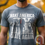 Roll into nostalgia with the Make America Skate Again tee featuring Donald Trump and family hitting the pavement in retro roller-skating style. A throwback to simpler times, this vintage-inspired design blends patriotism with 80s Americana fun. Whether you’re a MAGA supporter, a fan of classic roller rinks, or just love a lighthearted conservative tee, this shirt is for you. Lace up, take a spin, and remind everyone that America rolls best with freedom, family, and a little old-school fun! Color-Grey1
