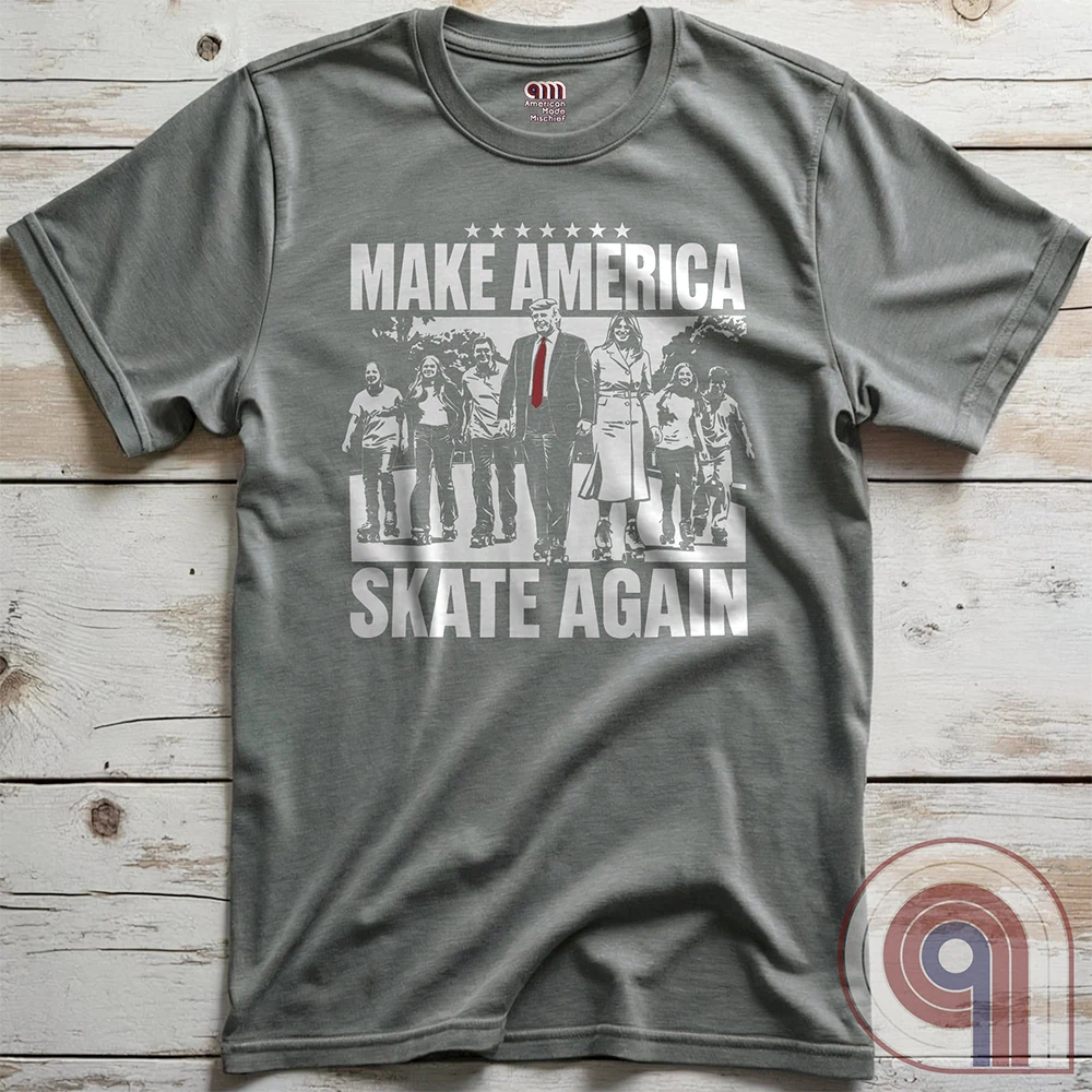 Roll into nostalgia with the Make America Skate Again tee featuring Donald Trump and family hitting the pavement in retro roller-skating style. A throwback to simpler times, this vintage-inspired design blends patriotism with 80s Americana fun. Whether you’re a MAGA supporter, a fan of classic roller rinks, or just love a lighthearted conservative tee, this shirt is for you. Lace up, take a spin, and remind everyone that America rolls best with freedom, family, and a little old-school fun! Color- Grey2